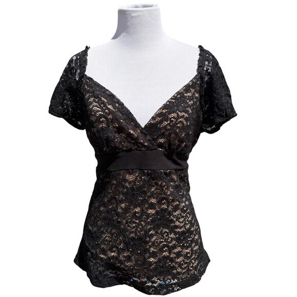 Forever Tops - Y2K Forever Black Lace Puff Sleeve V-Neck Blouse Waist Tie